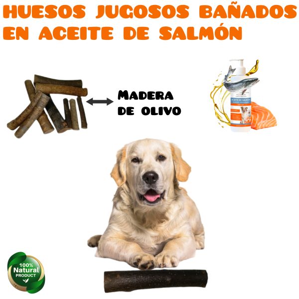 Huesos para perros, palos de olivo pack 2 y 3 und bañados en aceite de salmón, juguete antiestrés de perros, mordedor canino sin astillas. - Imagen 2