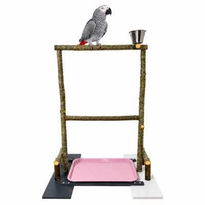 Posadero grande para loros yacos, amazonas, percha descanso y duchas de aves, juguete natural con comedero de loro y bandeja de higiene.