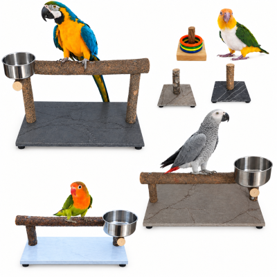 Pack posaderos de mesa para loros agaporni, ninfas, yacos, guacamayos, base de HPL estable, juguete interactivo de aves, percha de loro con comedero inoxidable.