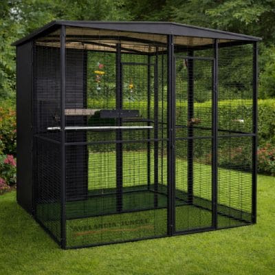 Voladera de jardín dividida techo dos aguas, para loros guacamayos, cacatúas, aviario para yacos, amazonas, jaula grande de pájaros conures, caiques, habitáculo de loros y aves rapaces, 205cm x 205cm, CALIDAD PREMIUM.