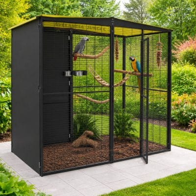 Voladera de jardín para loros guacamayos, cacatúas, jaula grande yaco, amazonas, habitáculo de aves con techo dos aguas y corta-vientos. 205cm x 105cm, CALIDAD PREMIUM.