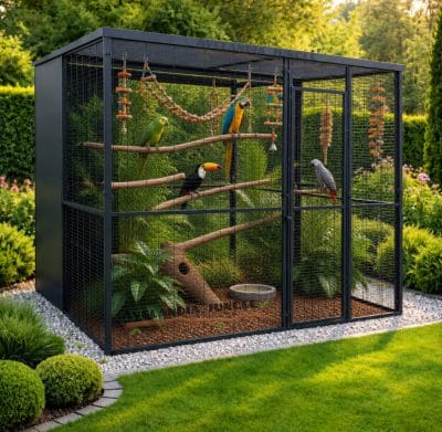 Voladera techo mixto para loros guacamayos, cacatúas, jaulón de jardín para yacos, amazonas, habitáculo de cuervos y tucanes, 205cm x 205cm, CALIDAD PREMIUM.