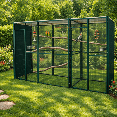 Pajarera de jardín habitáculo partido, para loros agaporni, loris, voladera de aves conures, pyrrhuras, habitáculo para pájaros canarios, periquitos, jilgueros, 300cm x 105cm, CALIDAD PREMIUM.