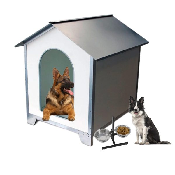 Caseta de jardín para perros medianos y grandes, refugio exterior y interior de golden retriever, rottweiler, casa para collie, pastor alemán, husky, caseta de madera con techo galvanizado, bebedero y comedero elegibles, CALIDAD PREMIUM.