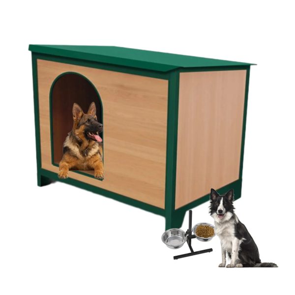 Caseta para perros medianos y grandes, refugio de exterior/interior golden retriever, rottweiler, casa de madera para collie, pastor alemán, husky, caseta con techo lacado al horno, comedero y bebedero elegibles, CALIDAD PREMIUM.