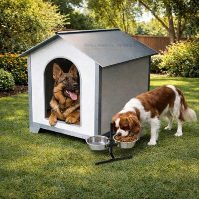 Caseta de jardín para perros medianos y grandes, refugio exterior y interior de golden retriever, rottweiler, casa para collie, pastor alemán, husky, caseta de madera con techo galvanizado, bebedero y comedero elegibles, CALIDAD PREMIUM.
