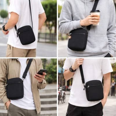 Bandolera impermeable hombre, bolso juvenil negro, mochila con cremalleras de dos compartimentos y correa ajustable, tela oxford resistente.