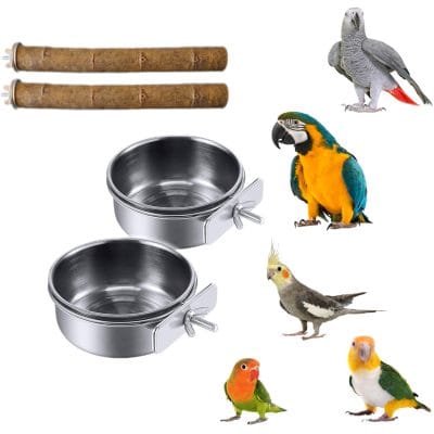 2+2 und comederos de acero inoxidable y perchas para jaula de loro yaco, guacamayo, cuencos 10 y 12cm para pienso y semillas de pájaros agaporni, ninfa, accesorios aviario de aves.